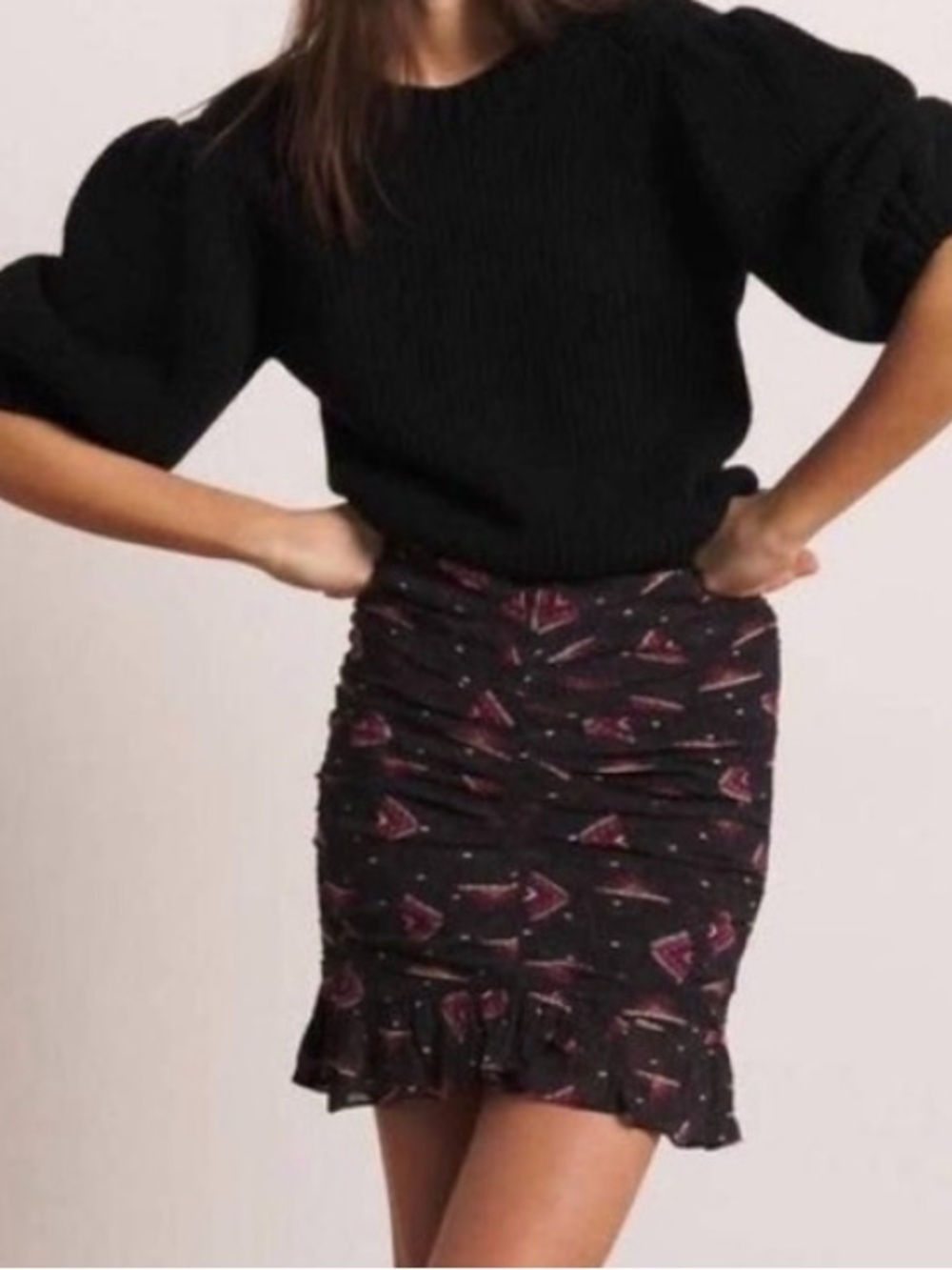 ba&sh Cassie Black Ruched Mini Skirt with Pink Geometric Print large